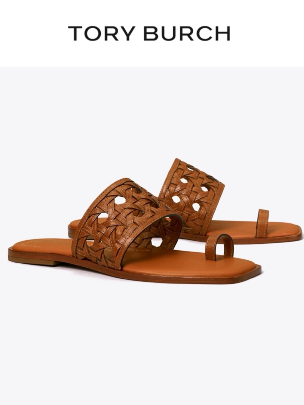 TORY BURCH BASKET WEAVE TOE RING SANDALS BURNT CUOIO BROWN LEATHER SLIDES